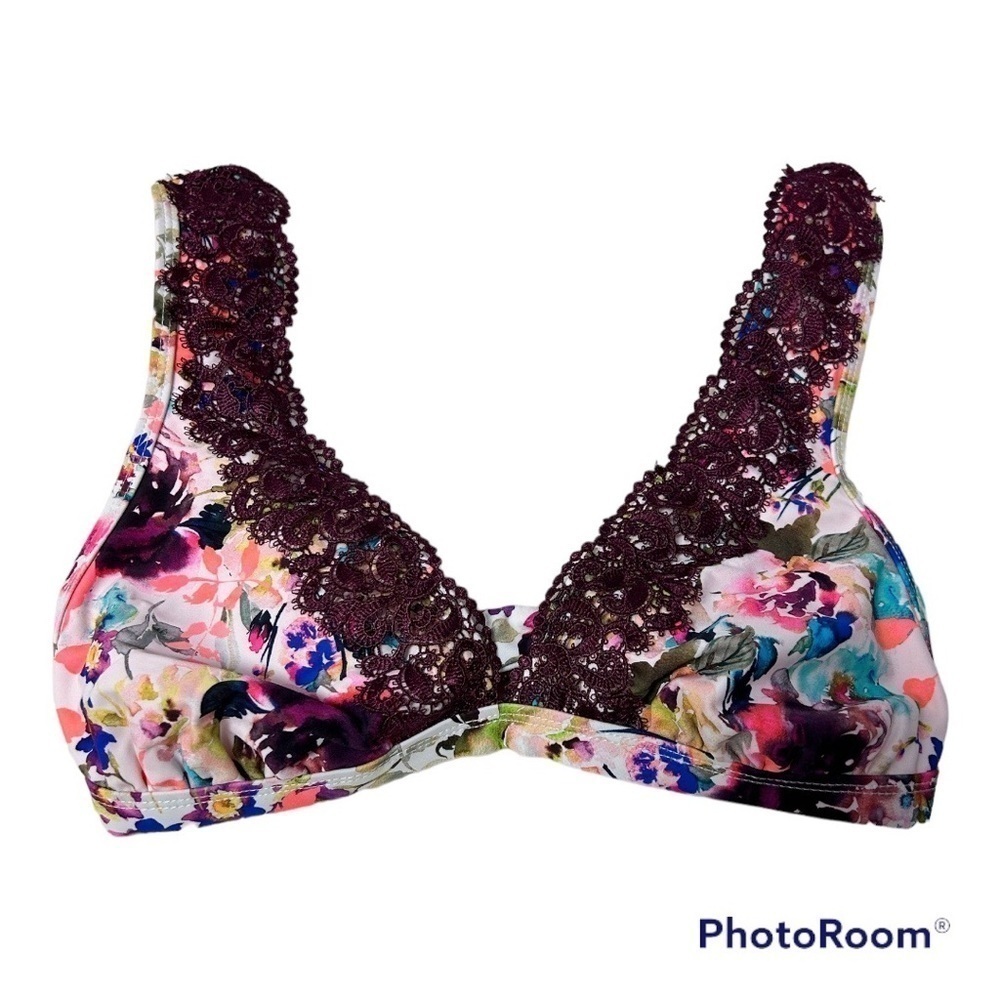LACE TRIM FLORAL PRINT BIKINI SWIM TOP